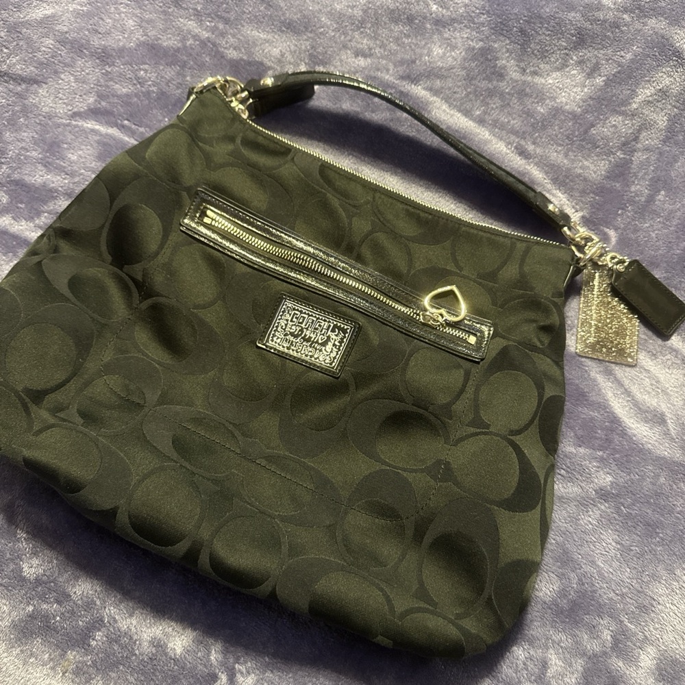 Coach Black Signature Jacquard Shoulder Bag with Silver Hardware